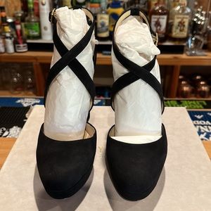 NEW! Jimmy Choo Shoes Black Suede Round Toe Cross Block Heels 
Platform Pumps